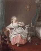 unknow artist A bedroom interior with a young girl holding a song bird painting